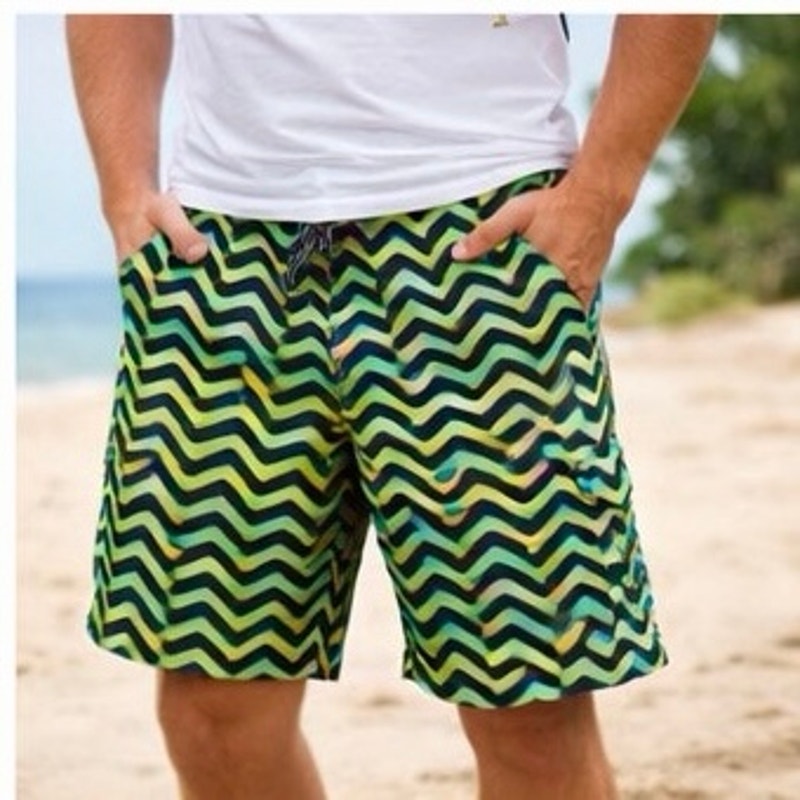 Patagonia Wavefarer Board Shorts Mens 30 Green Stripe Zip Pockets 10" Swim Trunk